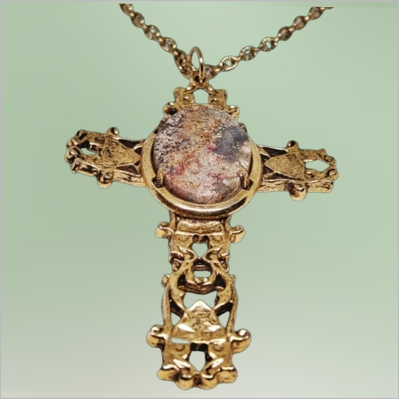 Other - Gold-Tone Ornate Cross Necklace with Natural Stone Cabochon